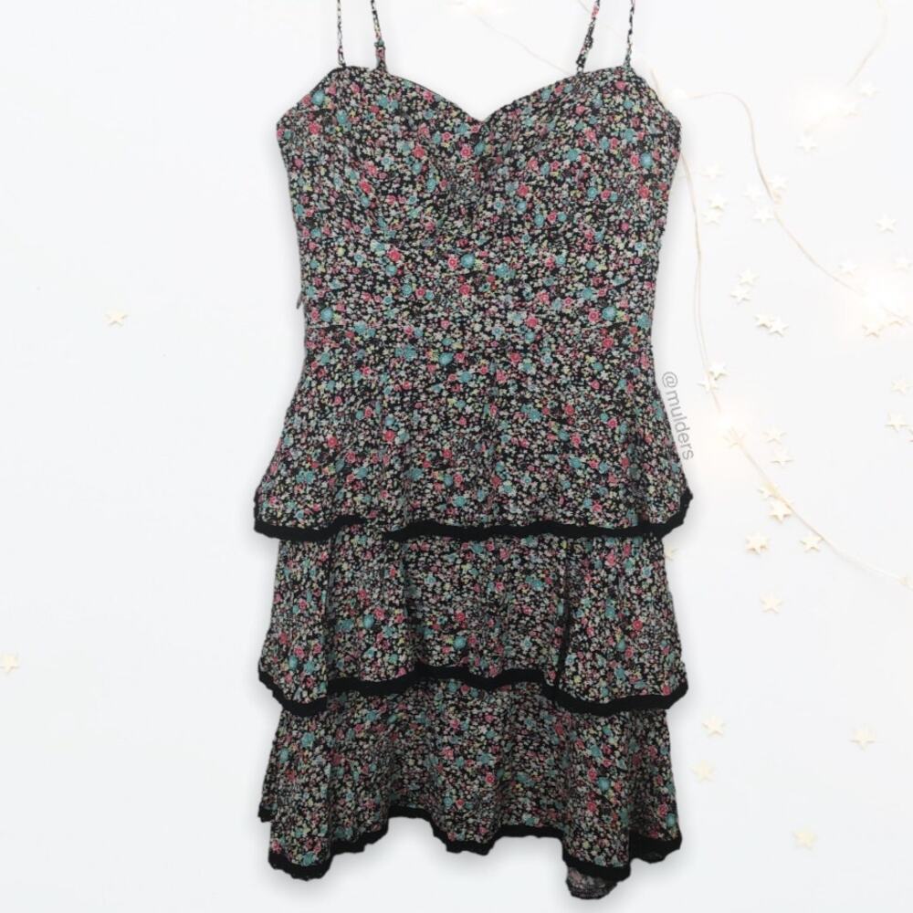 B. Darlin Y2k Style Ditsy Colorful Floral Print Tiered Ruffle Sleeveless Dress